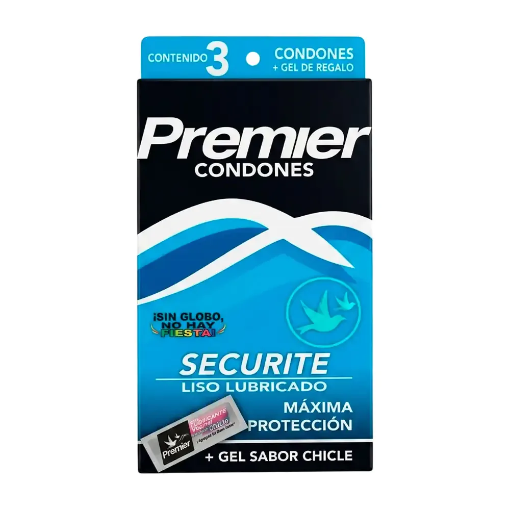 Paquete con 3 condones premier securite + gel lubricante sabor chicle