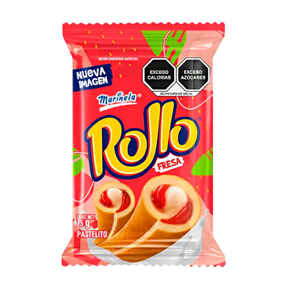 Pastelillo marinela rollo, pan sabor vainilla con relleno cremoso y mermelda de fresa, 75g / 153459