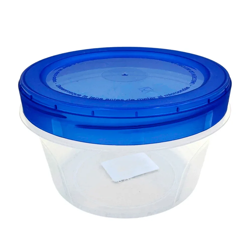 Tupper pequeño redondo de plástico transparente, capacidad 16 oz - 473ml, variedad de colores en las tapas / 113409 / taparosca 16 oz