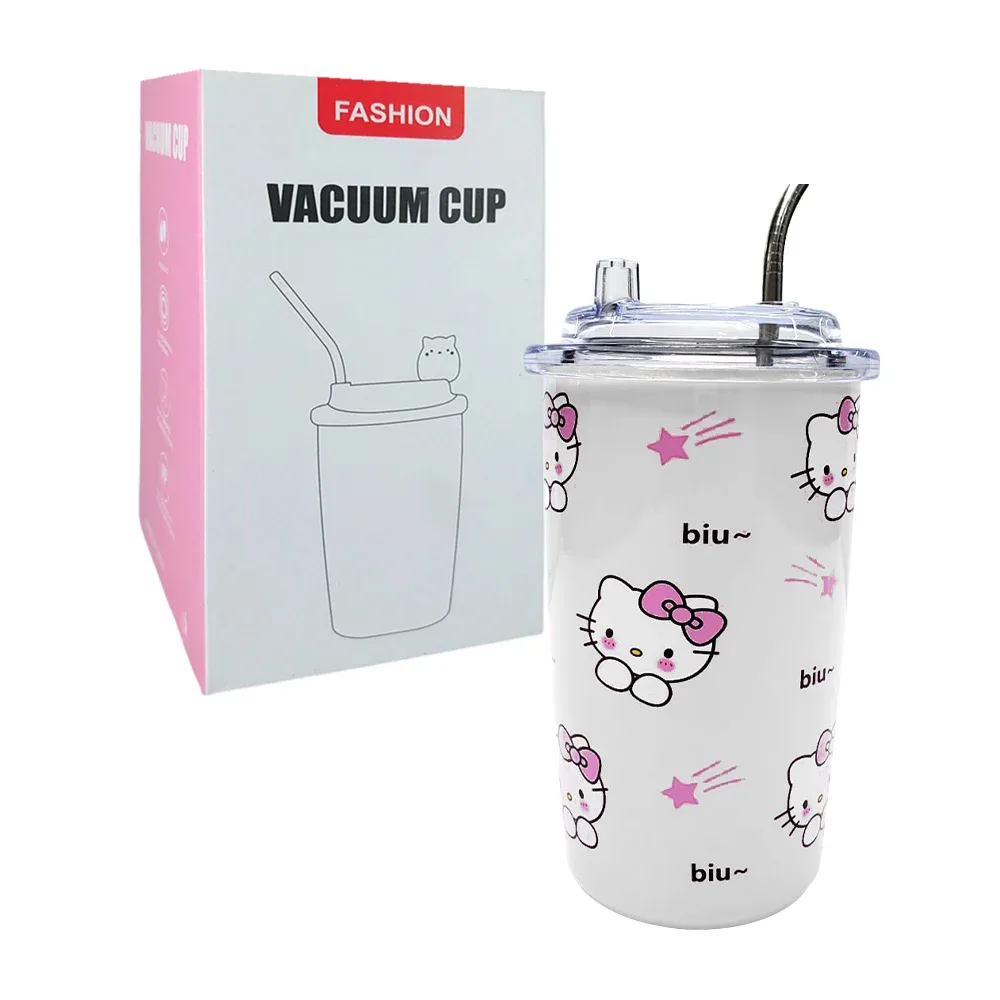 Vaso termo 400ml vacuum cup con popote de acero inoxidable y adorno de hello kitty, variedad de modelos / 23-cfb-017