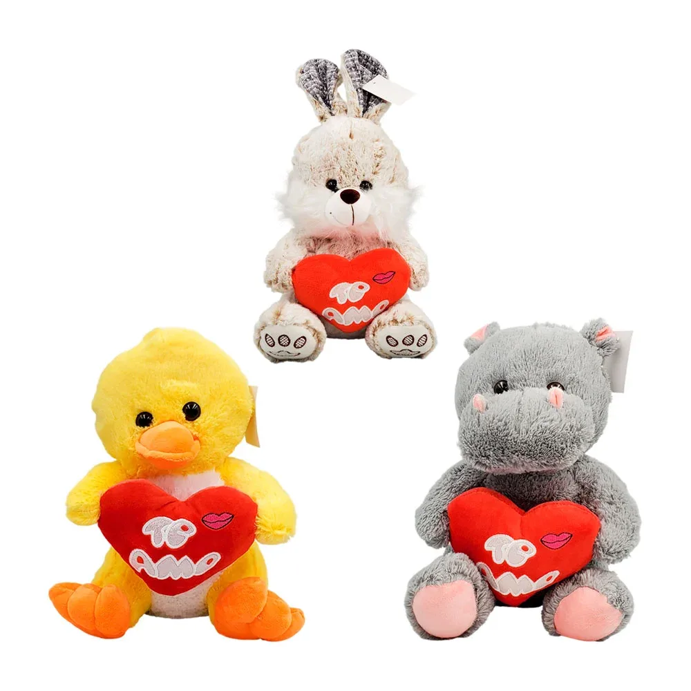 Peluche de animalito afelpado con corazón y frase ´te amo´ con beso, variedad
