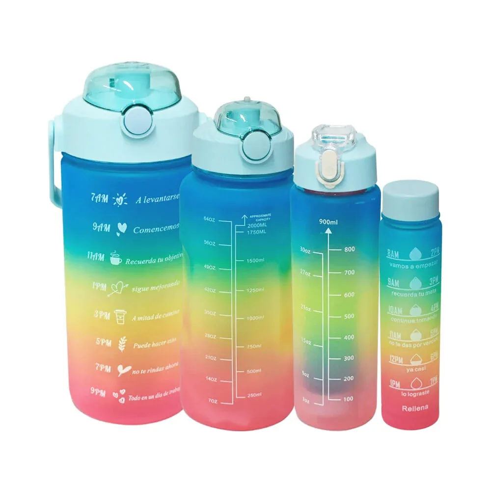 Juego de 4 botellas motivacionales con capacidad para 3, 1.8, 0.9 y 0.3 litros, variedad de diseños y colores / 7398 / lu8879