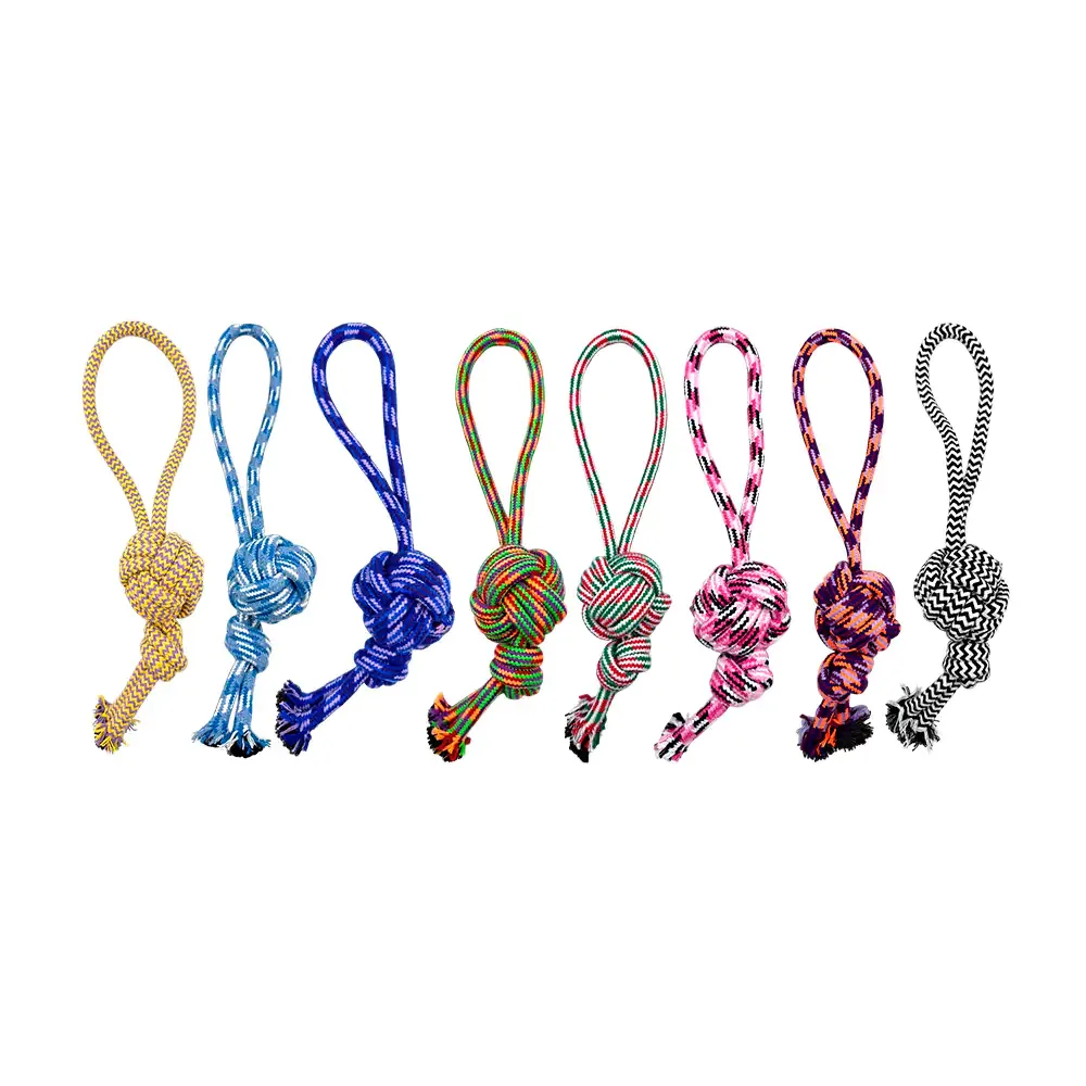 Mordedera para mascota de cuerda resistente bicolor en forma de pelota y asa
