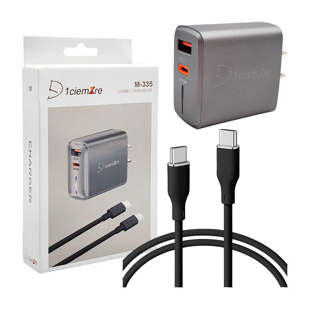 Combo cargador de 30w tipo-c a tipo-c, cubo usb y usb-c, cable de 1mt