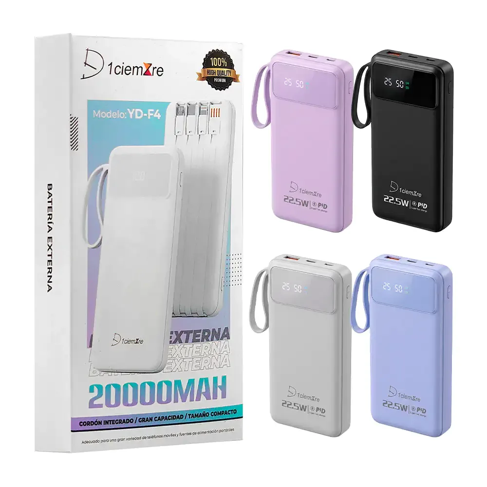 Power bank d1ciemzre de 20000mah con 4 cables de carga y múltiples puertos + pantalla, variedad