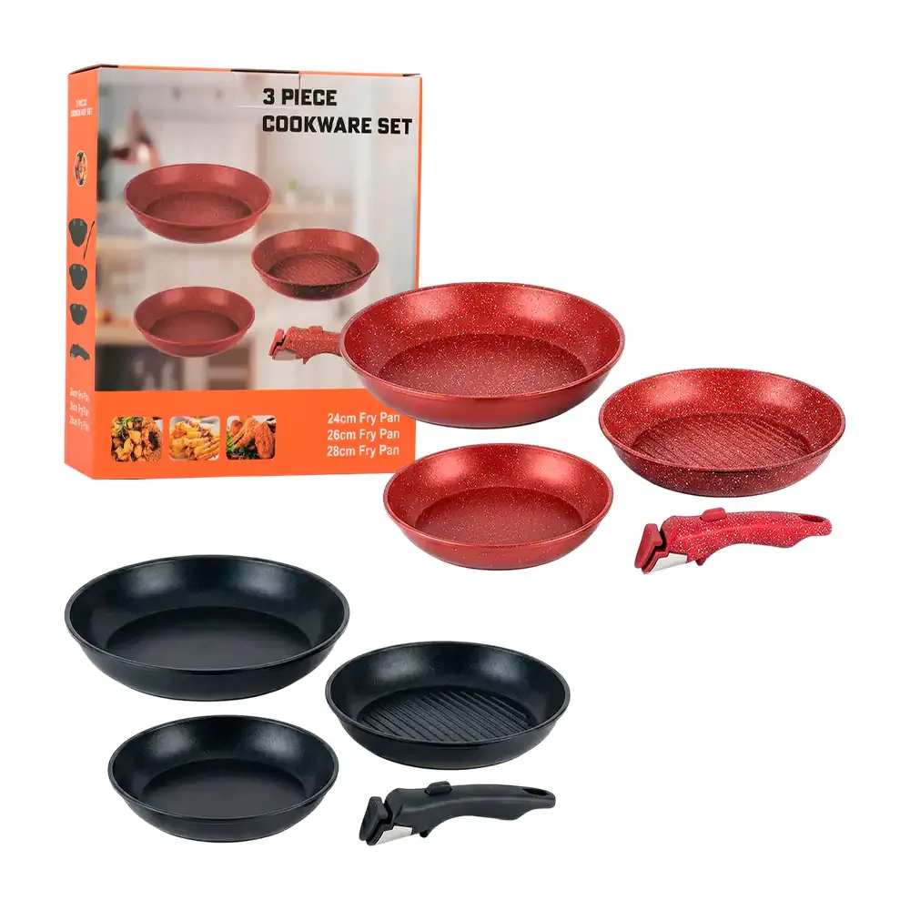 Juego de 3 sartenes antiadherente con mango removible de 24cm, 26cm y 28cm