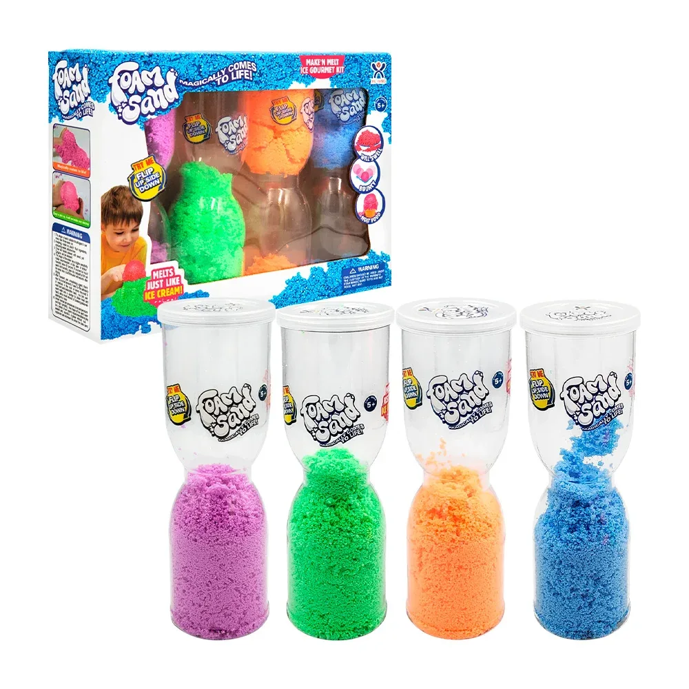 Paquete con 4 tubos reloj de arena kinesica foam sand, variedad de colores