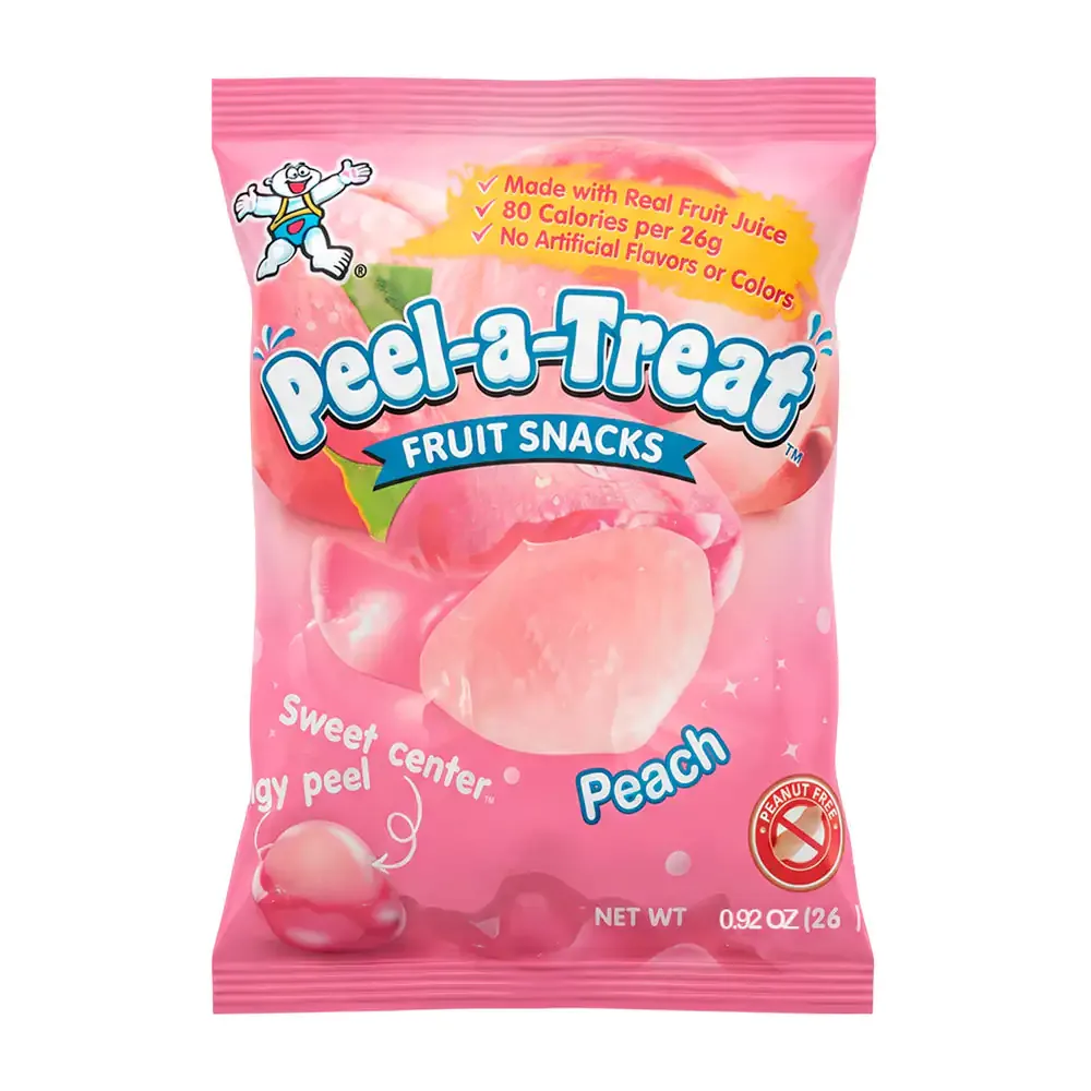 1pza Mini bolsa con gomitas peel-a-treat pelables, sabor a uva o durazno, 26g