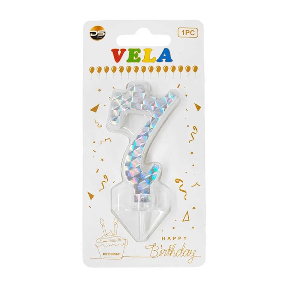 1pza Vela holográfica plateada con el no.7 para pastel de cumpleaños / ds09481
