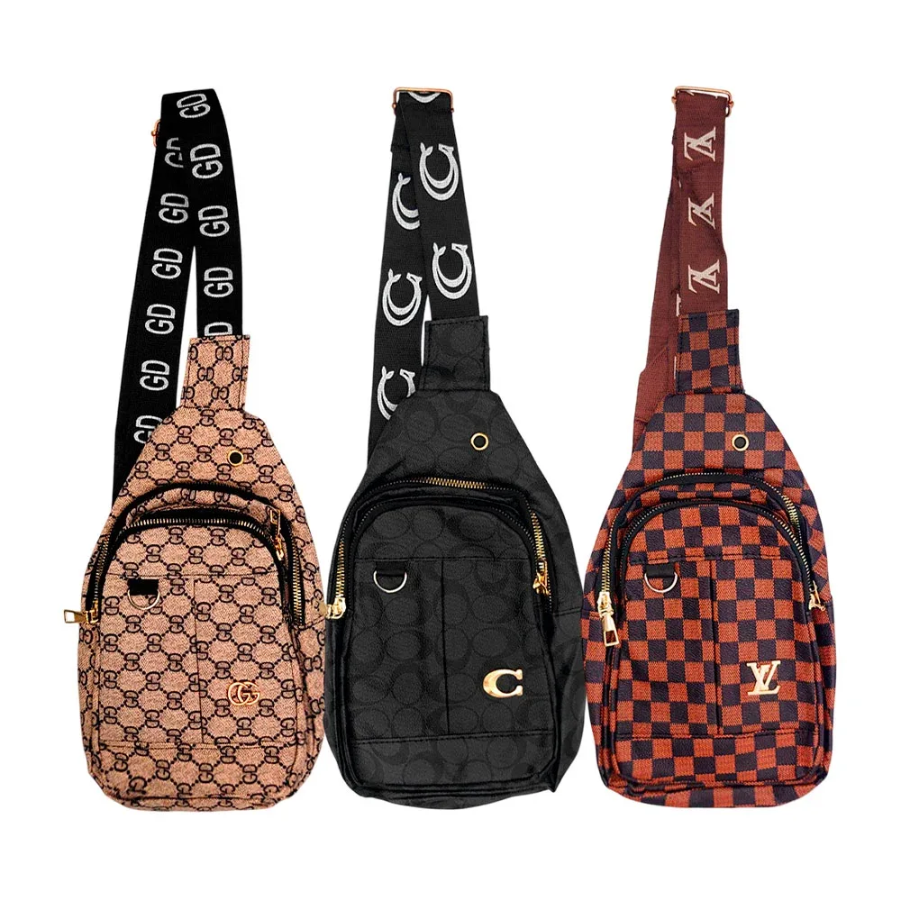 Mochila pequeña tipo mariconera con 2 compartimentos y estampado de monograma