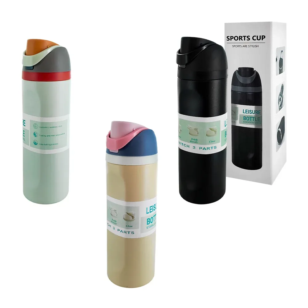 Botella termo de acero inoxidable, bicolor con asa, variedad de colores