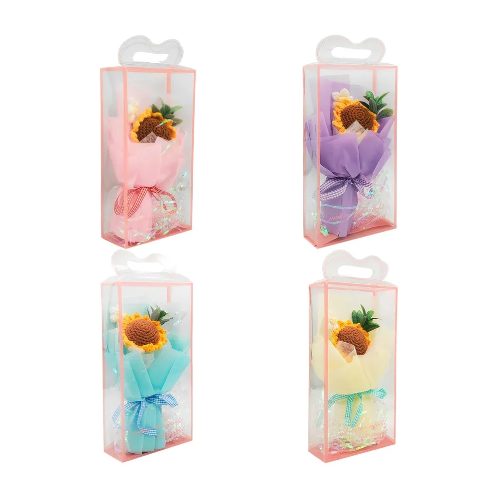 Caja transparente con ramo de girasol tejido + flor, variedad de colores