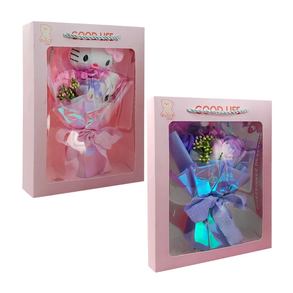 Caja rectangular tipo bolsa de regalo con mini ramo de flores y peluche / fl03