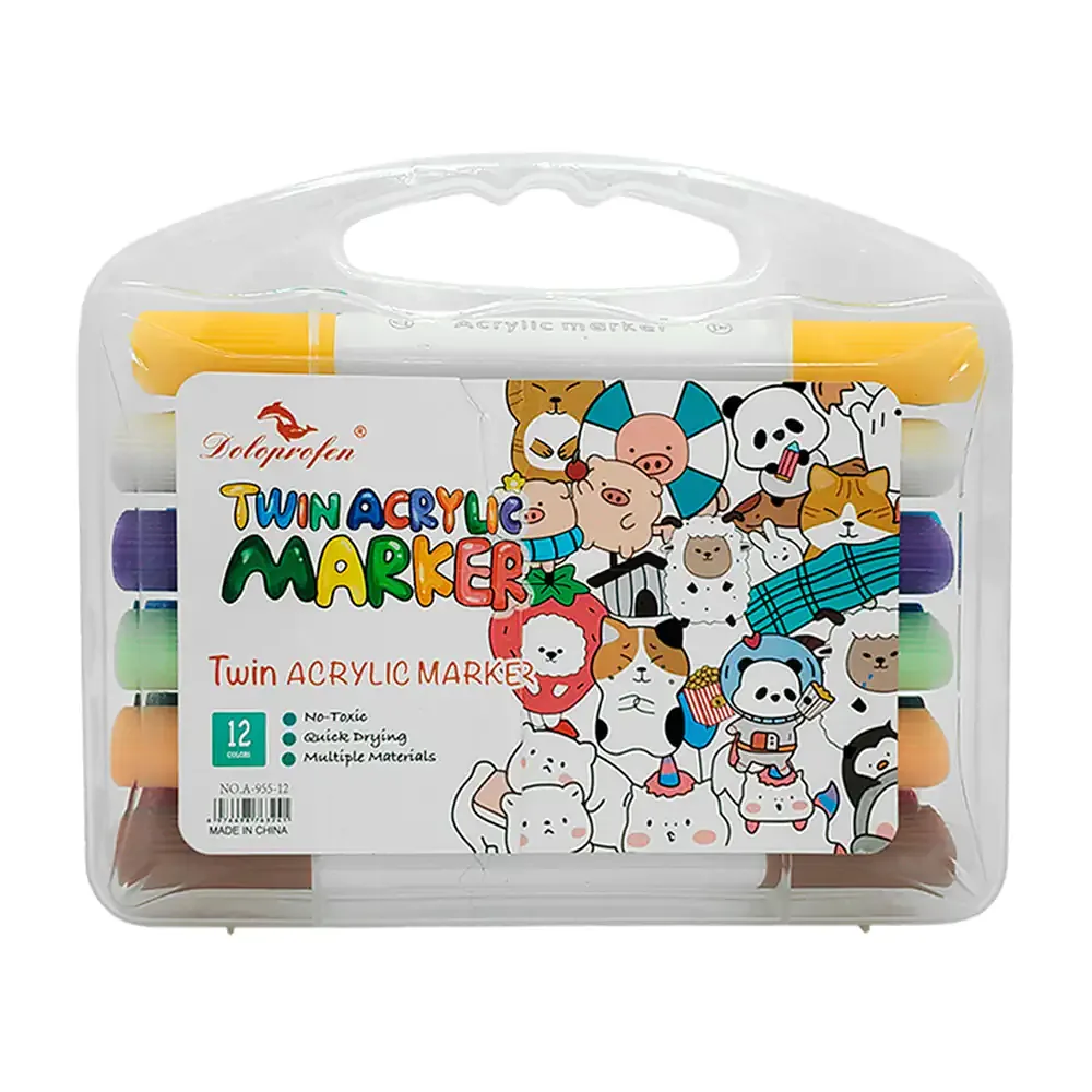 Estuche con 12 plumones / marcadores acrílicos de doble punta, variedad