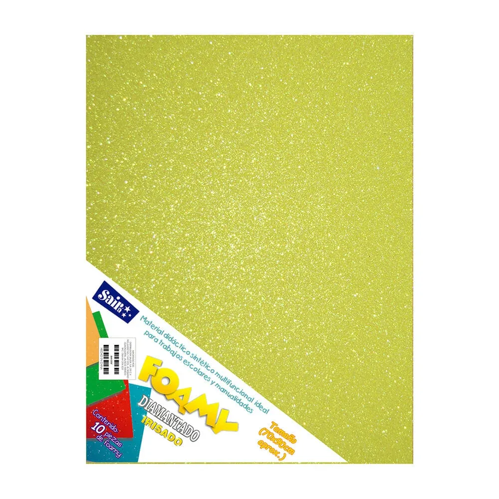 Paquete con 10 hojas de foamy diamantado irisado color amarillo 70x90cm / 857350