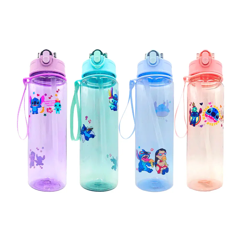 Botella de plástico translucido con popote plegable y asa, estampado de stitch