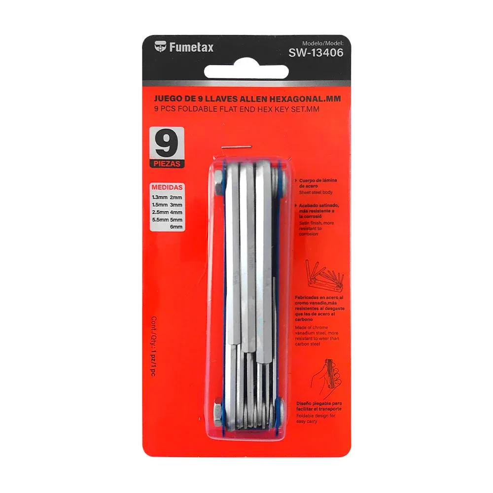 Blíster con juego de 9 llaves allen hexagonales con diversas pulgadas / sw-13406