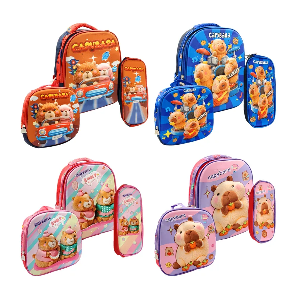 1pza Mochila escolar infantil pequeña, con 2 compartimientos, relieve 3d, luz led, lonchera térmica, lapicera y estampado de personajes animados, variedad de diseños / capybara / kapibala