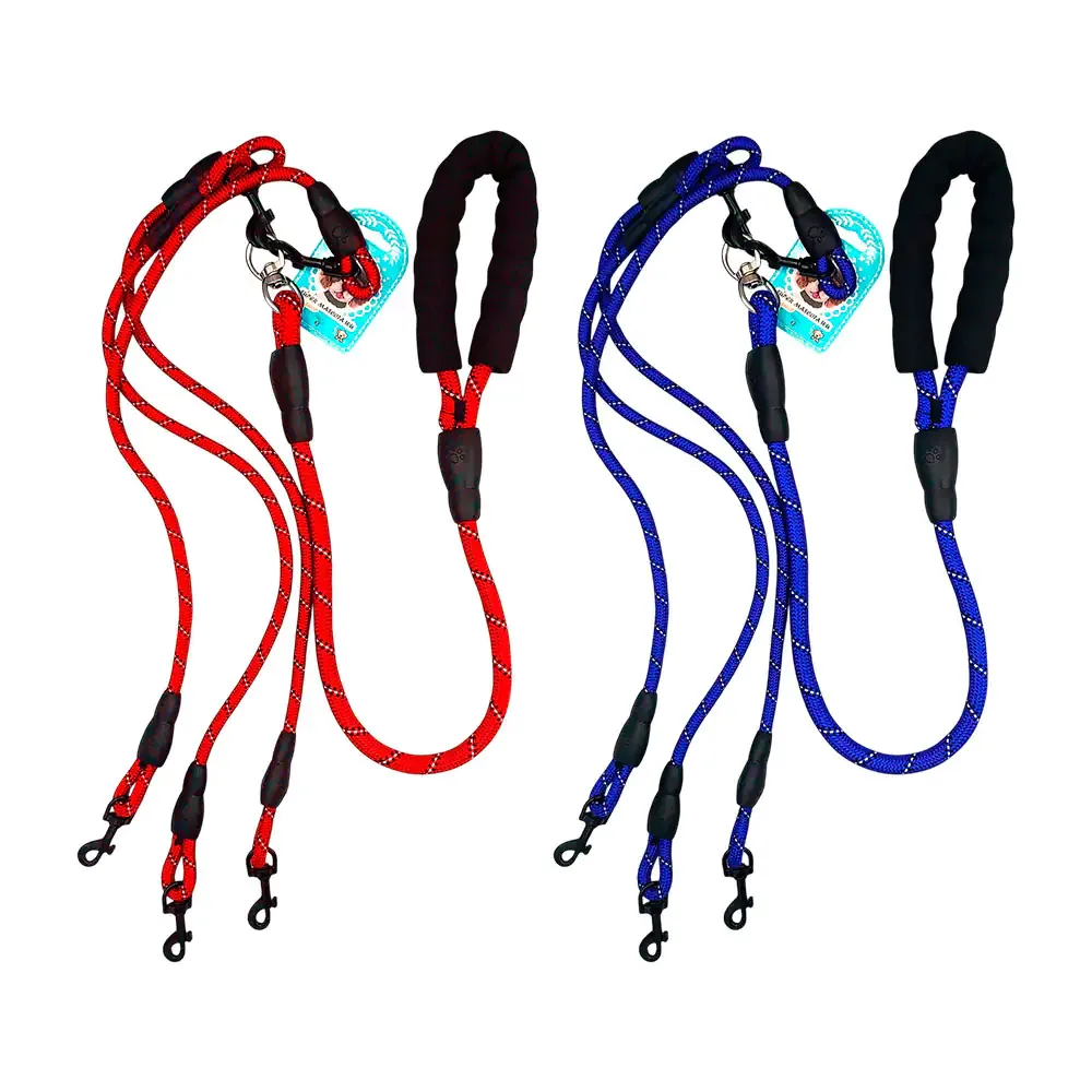 Correa triple para mascota de cuerda resistente, antireflejante y agarradera