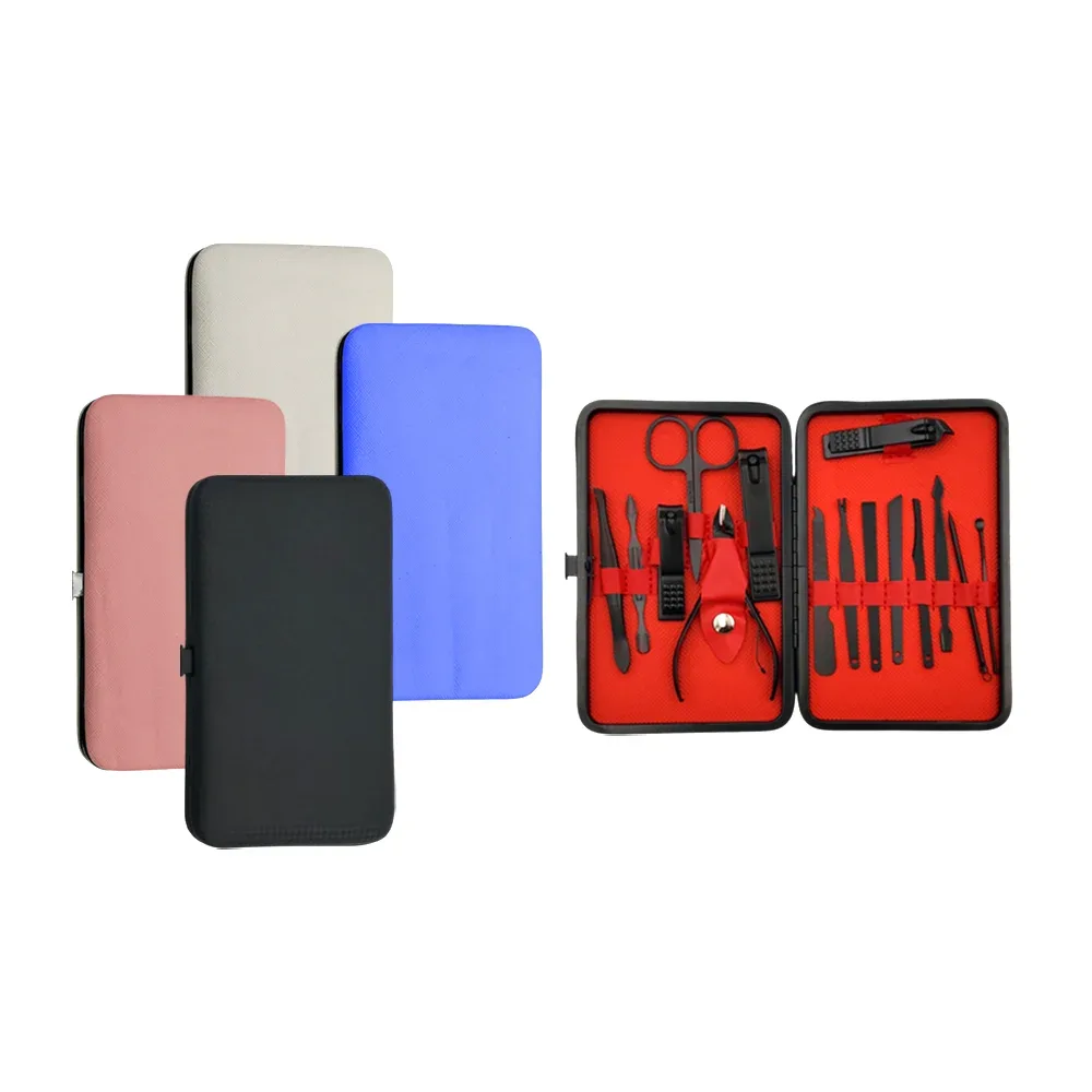 Estuche de cuero, con 15 herramientas metálicas para pedicura, con relieve