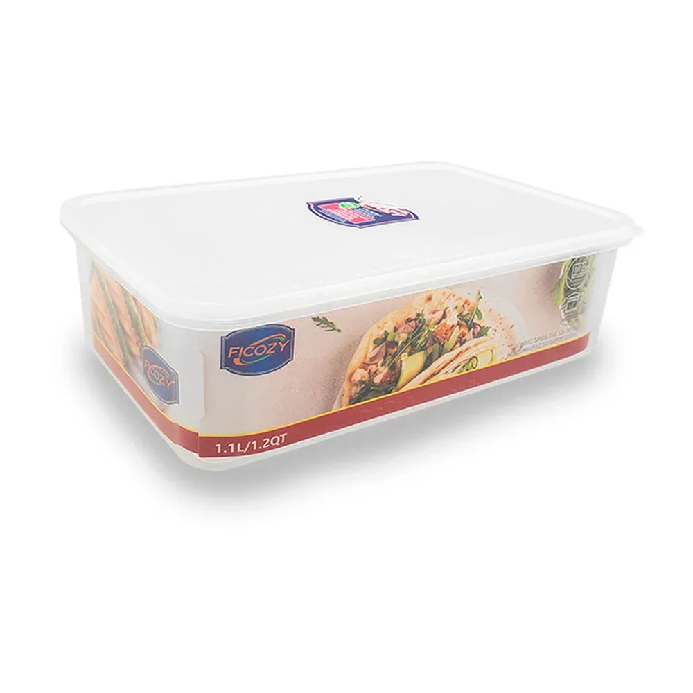 Tupper transparente rectangular de plástico, tapa de silicón, capacidad de 1.1l