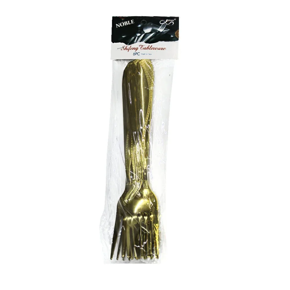 Paquete con 6 tenedores metálicos grandes color dorado 20cm / ro-l237