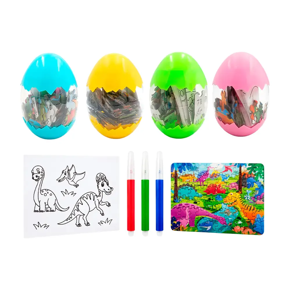 Huevo de dinosaurio didáctico con rompecabezas y dibujos + plumones, variedad