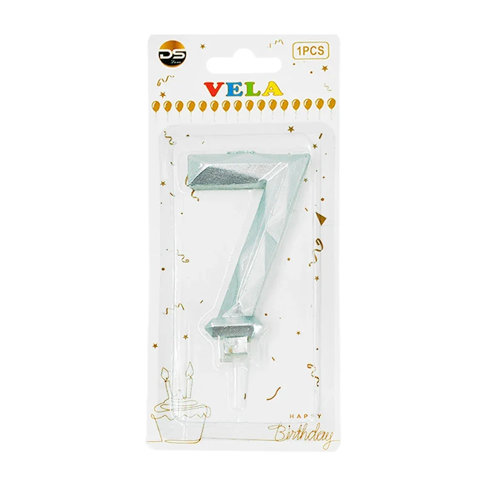 1pza Vela con efecto metálico plateado y forma no.7 para pastel / ds09522
