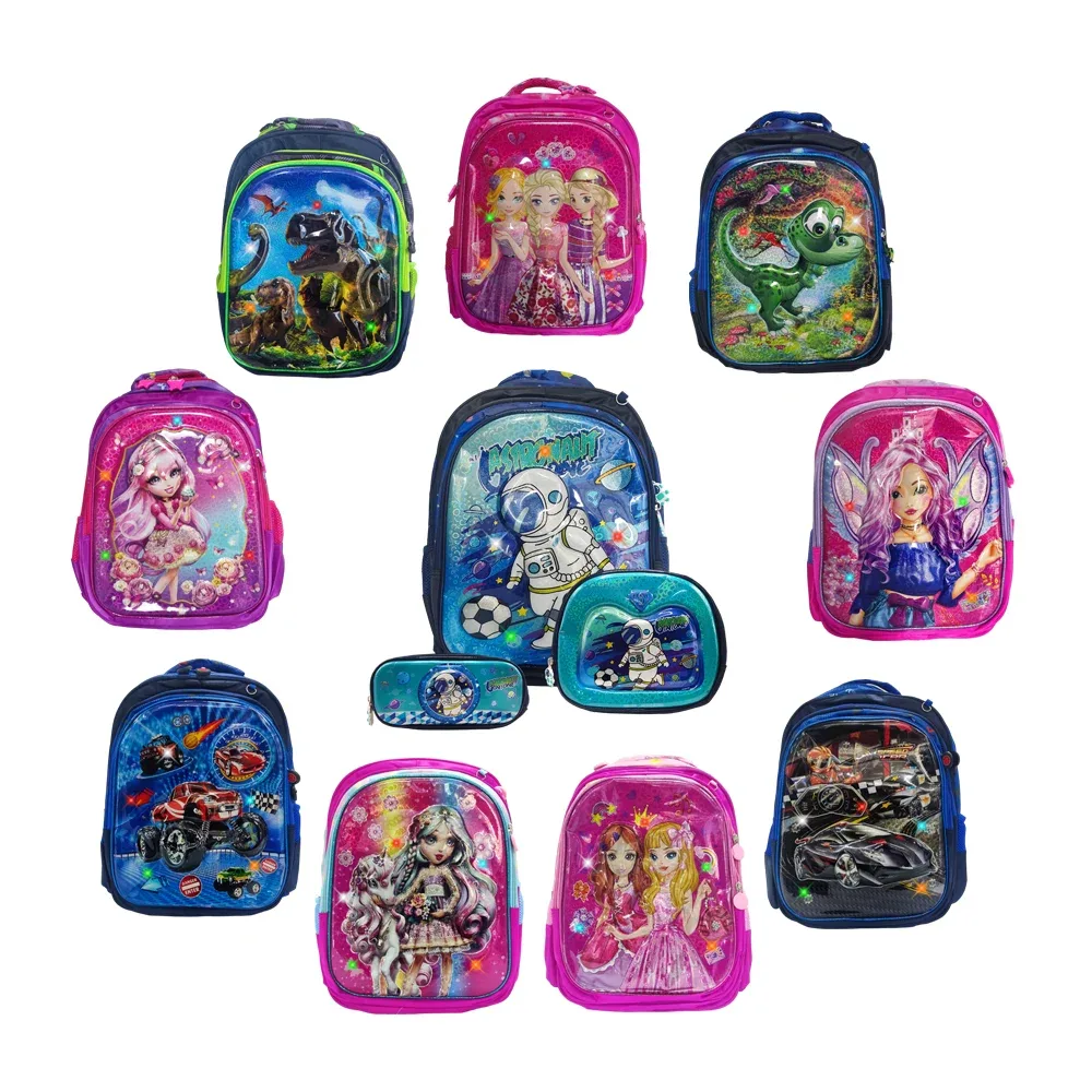 Mochila escolar infantil de 3 compartimentos con luces, diseño de relieves 3d + lonchera térmica y estuche para colores, variedad de diseños / lml-9d-b