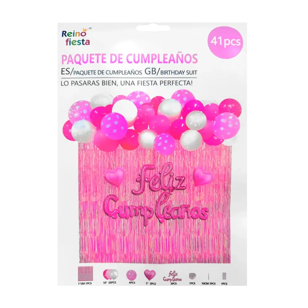 Paquete de cumpleaños con 41pcs globos, cortina, corazones, tonos metálicos