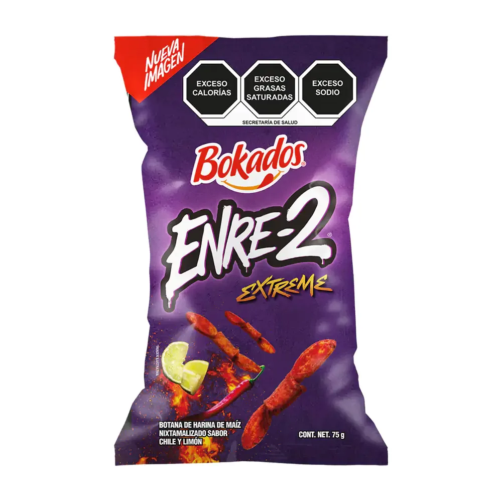 1pza bokados enre-2 extreme, botana de maíz sabor chile y limón, 75g / 023525