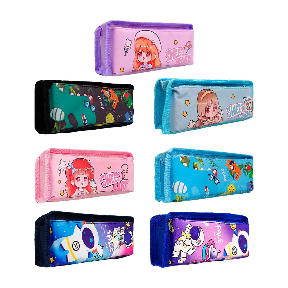 Estuche lapicera rectangular de 2 compartimientos, variedad de colores y diseños