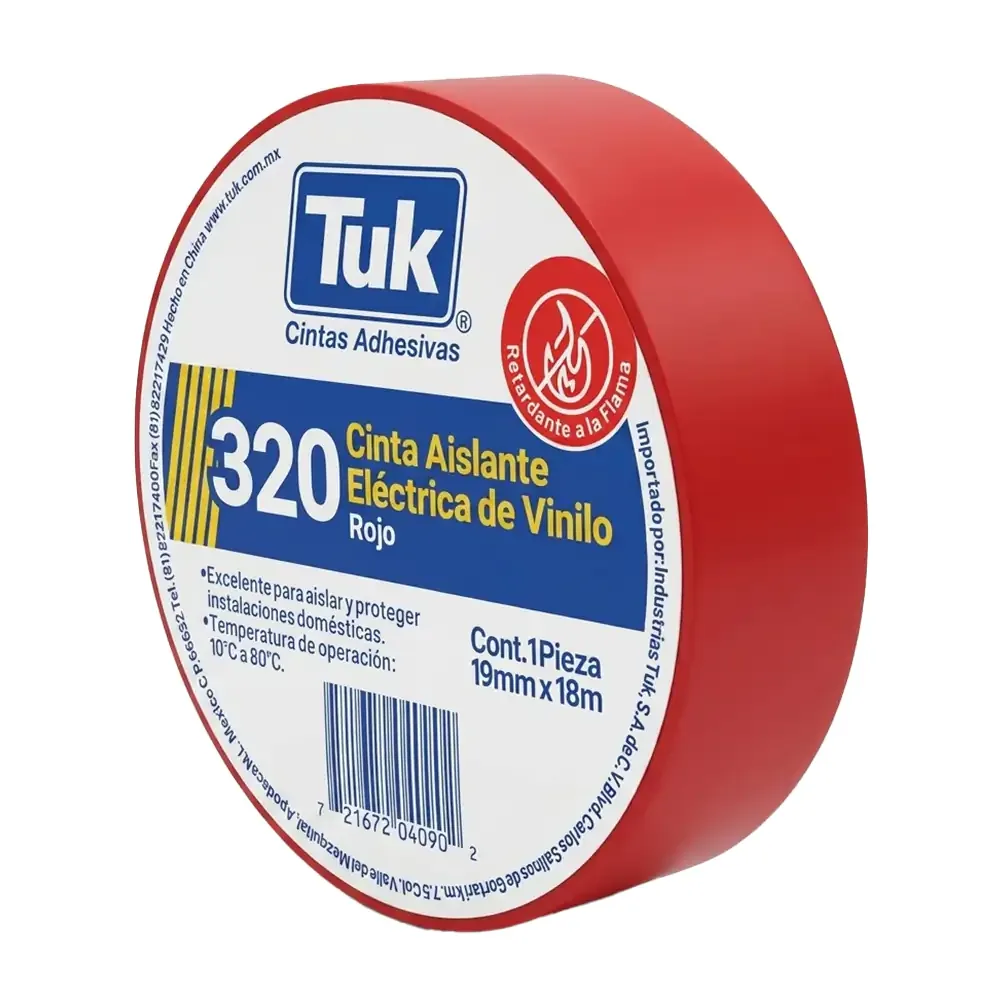 1pza Cinta aislante eléctrica de vinilo tuk color rojo con 18m y 1.9cm de ancho / 320 / 345018