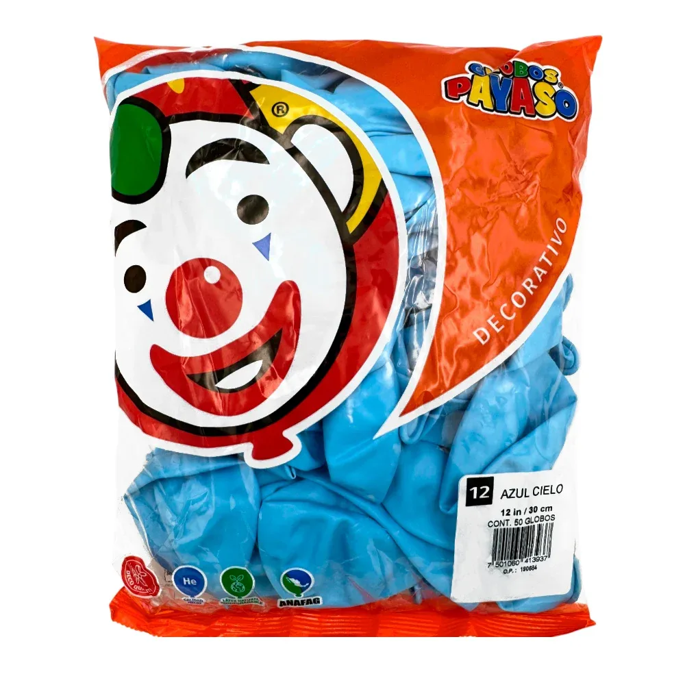 Paquete de 50 globos payaso en tono azul, de 12 in - 30cm / globo azul cielo / 413937
