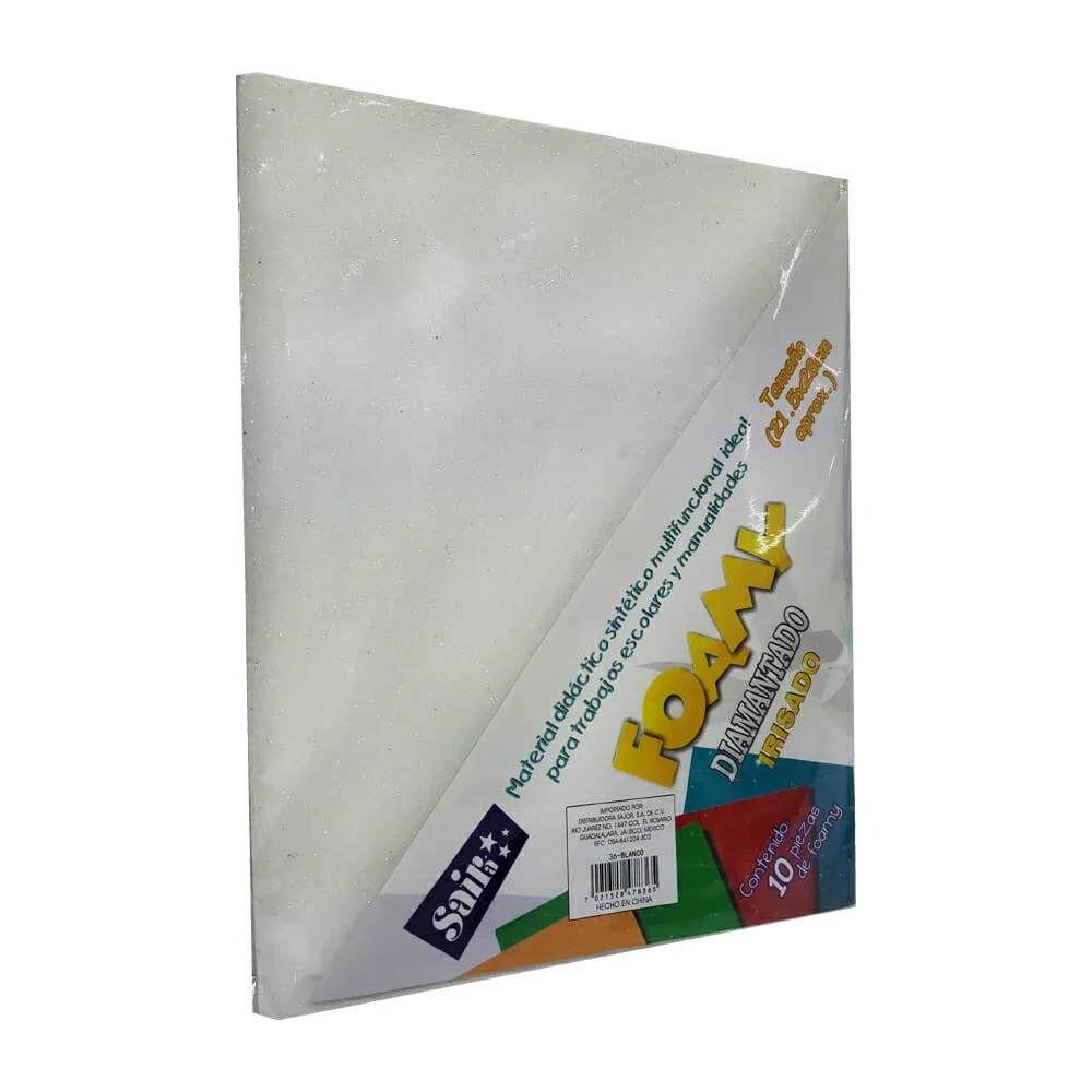 Paquete 10 pzas de foamy diamantado irisado tamaño carta en color blanco, 21.5x28cm / 78365