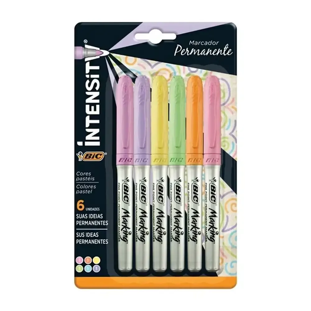 Blíster con 6 marcadores permanentes bic en tonos pastel y punta fina, variedad de colores