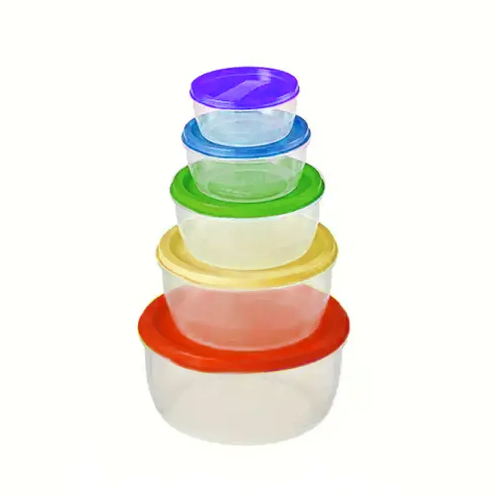 Juego con 5 tupper circulares de plástico transparentes, variedad de colores y tamaños / 23-tp-12158