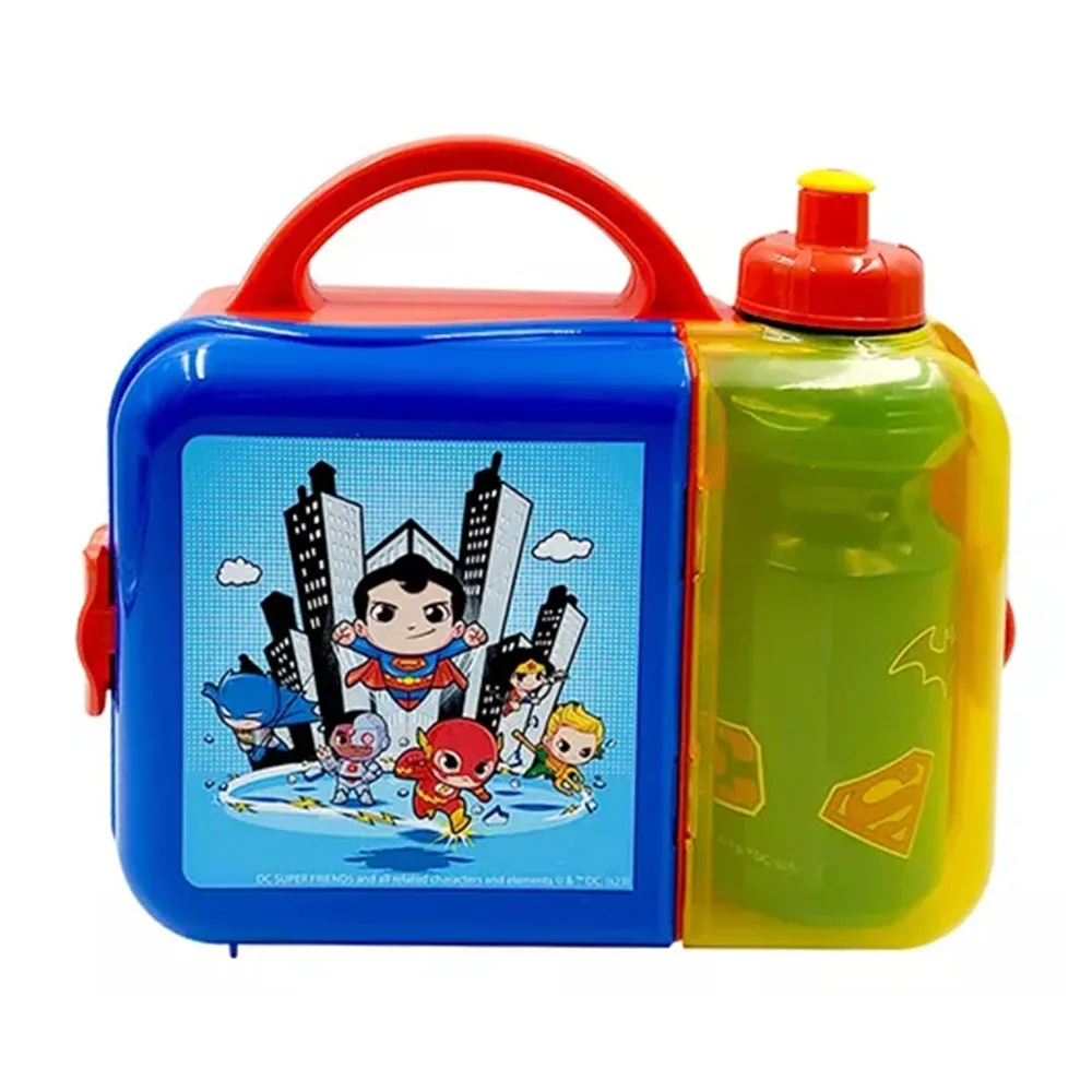 Lonchera de plástico con botella cantimplora y diseño de super amigos liga de la justicia / dc / plc-7527