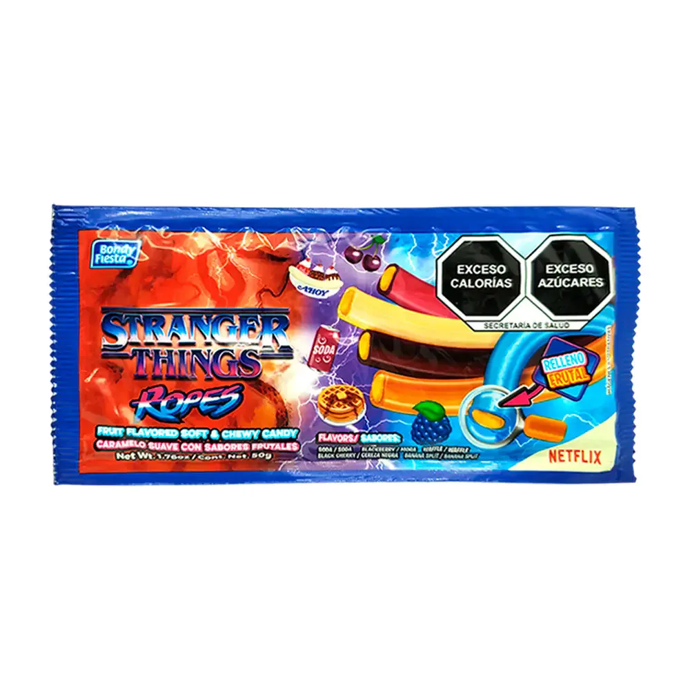 1pza Sobre stranger things ropes con caramelo suave en tiras con relleno sabor frutal, 50g