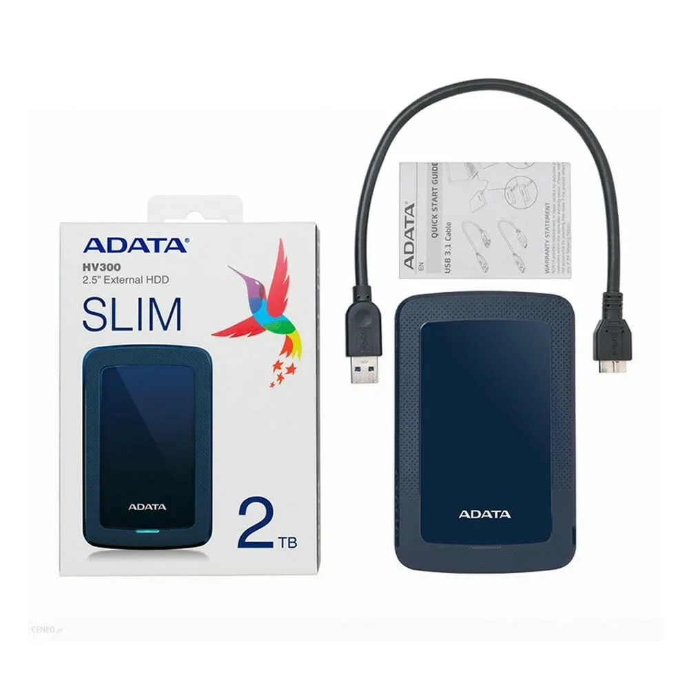 Unidad de disco duro externo 2.5" hdd adata color azul versión slim hv300 con puerto usb 3.2 y capacidad de 2tb