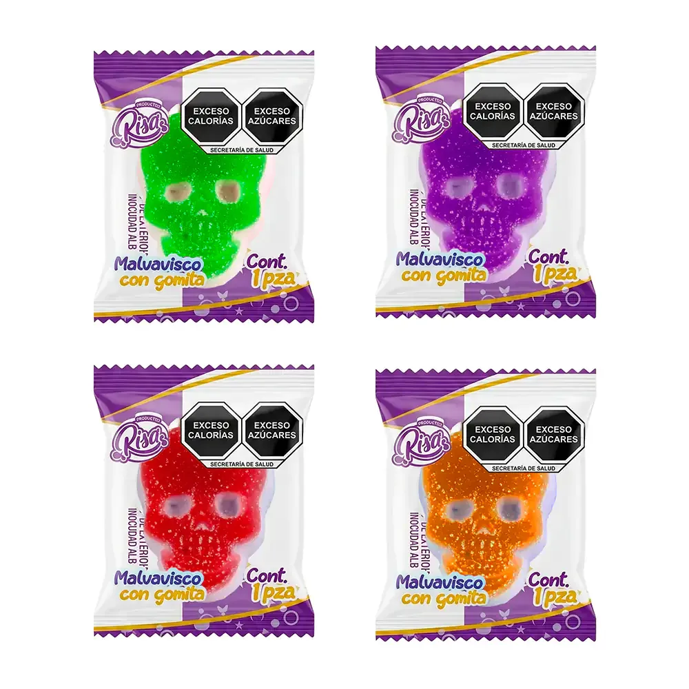 1pza Malvavisco con gomita en forma de calavera con temática día de muertos, aprox 5g