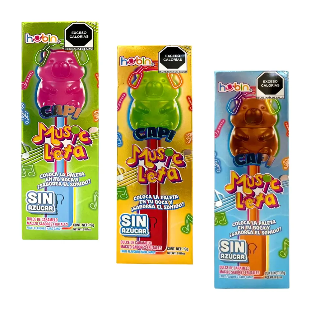 1pza paleta capi music leta, caramelo de sabor frutas + musica y accesorios, variedad de sabores