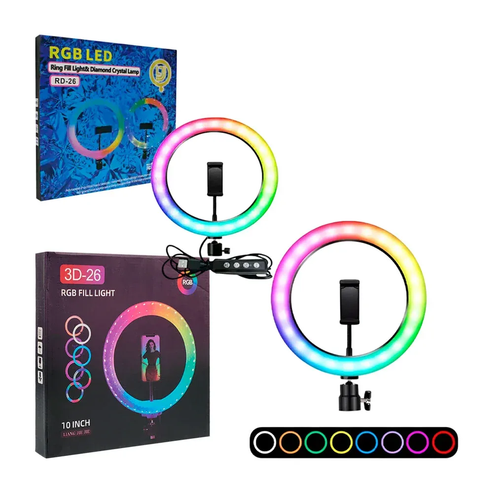 Aro de luz rgb con 10 modos intercambiables y soporte para celular 26cm / rd-26