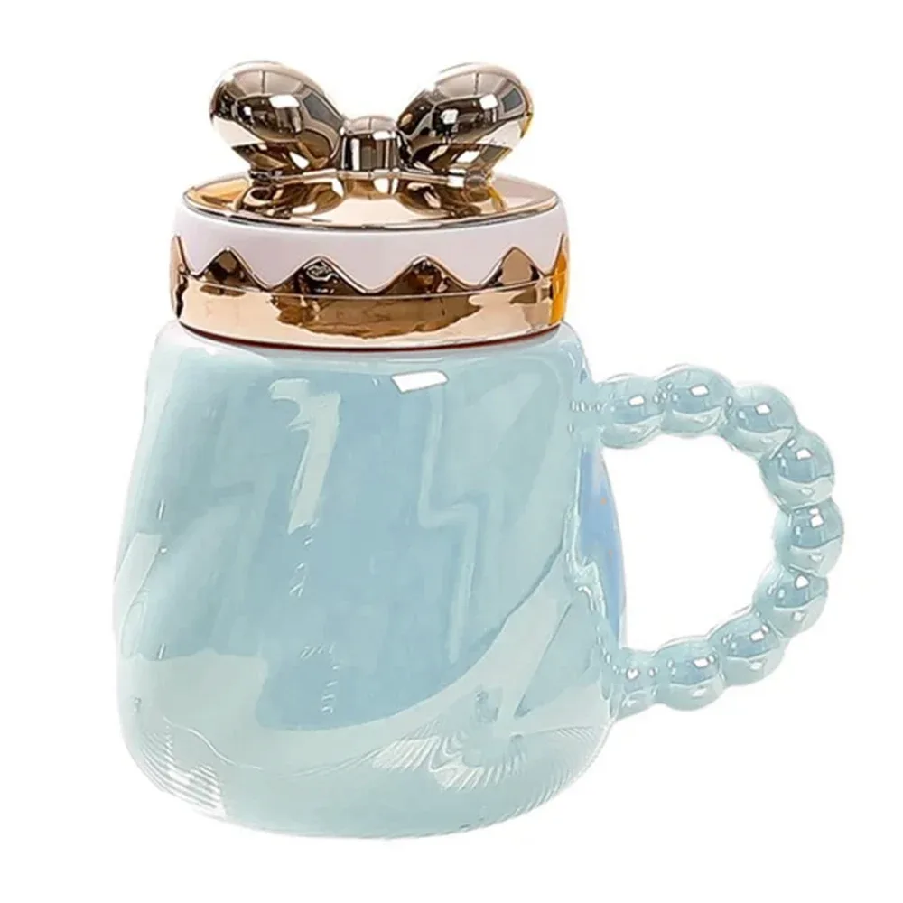 Taza de cerámica efecto tornasol +tapa con diseño de moño / a440-11