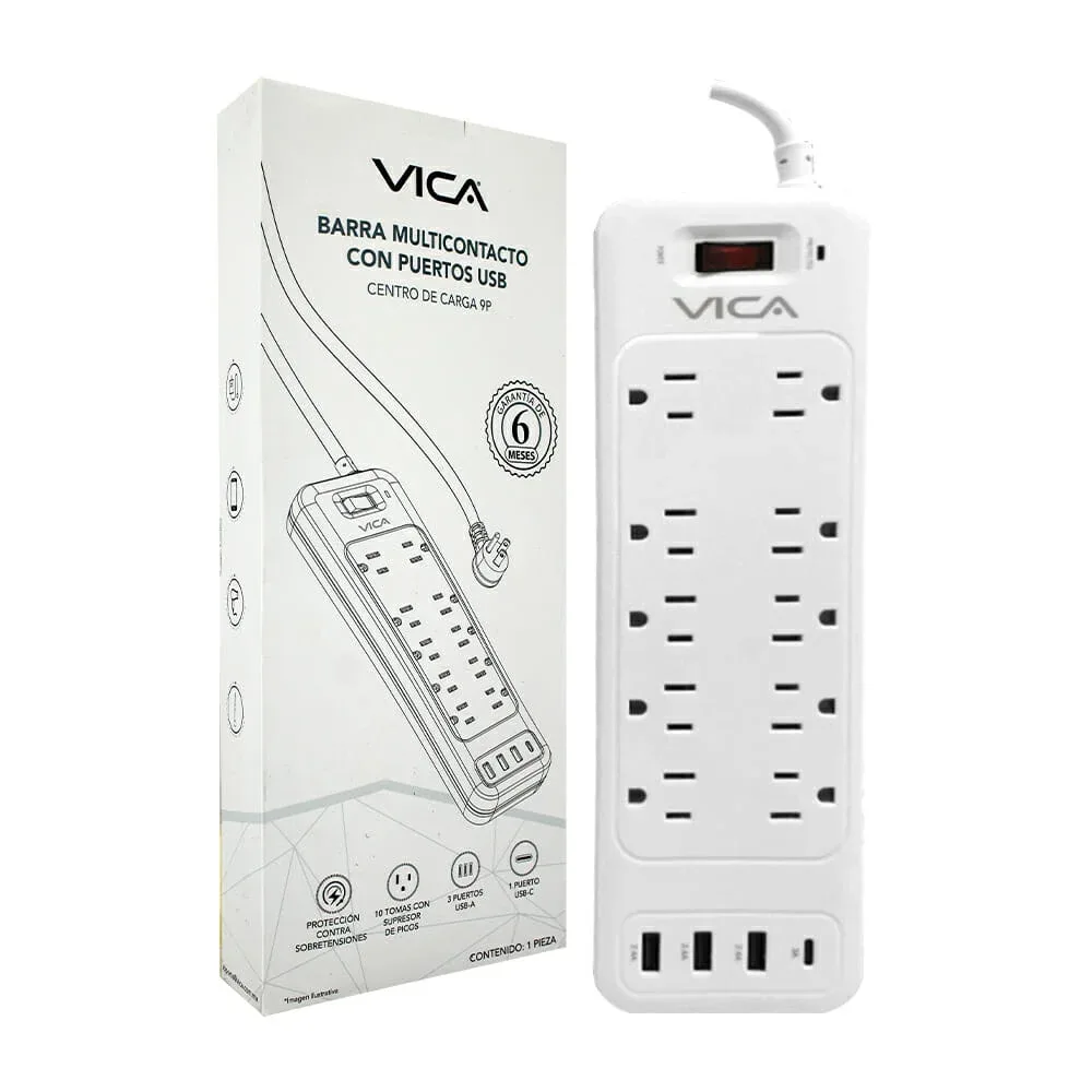Barra multicontacto supresor de picos vica con 10 tomacorriente, 3 puertos usb-a y 1 puerto tipo usb-c / 9p