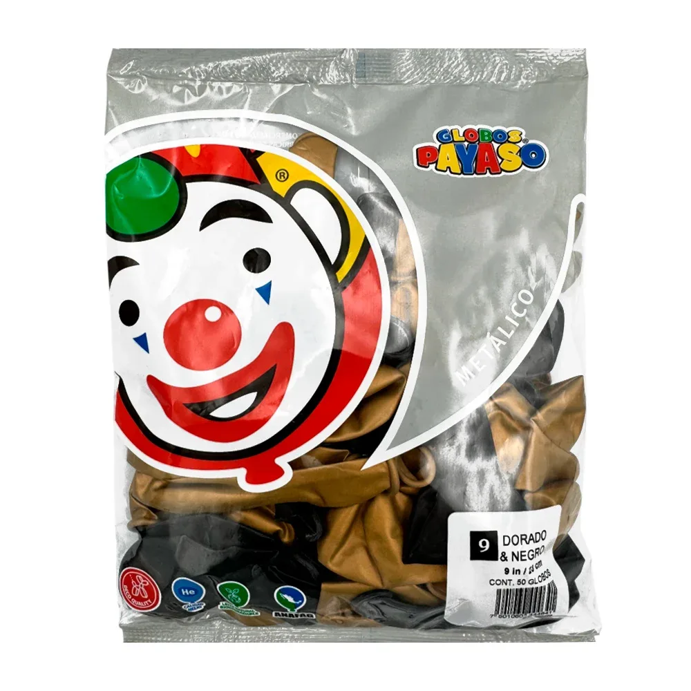 Paquete con 50 globos surtido bicolor negro - dorado de 9 in - 23 cm / 444641 / globo no 9 / globo metálico