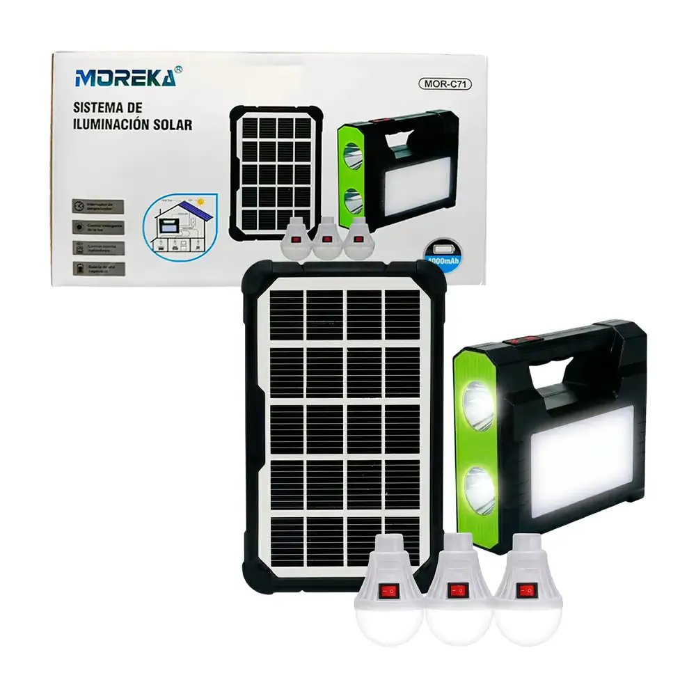 Lámpara moreka de emergencia con panel solar y juego de 3 focos con apagador