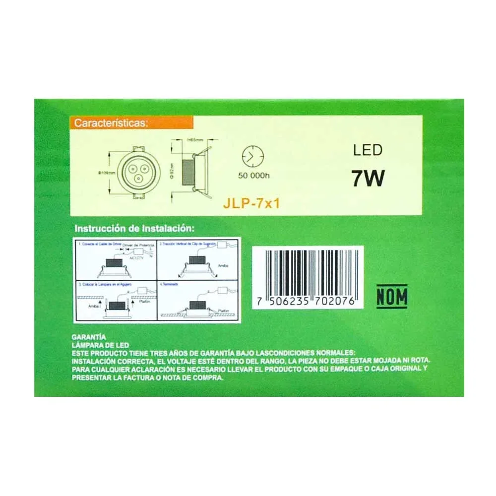 Lámpara led 7w empotrable luz dirigible orilla blanca, luz blanca. jlp-7x1b/b jwj