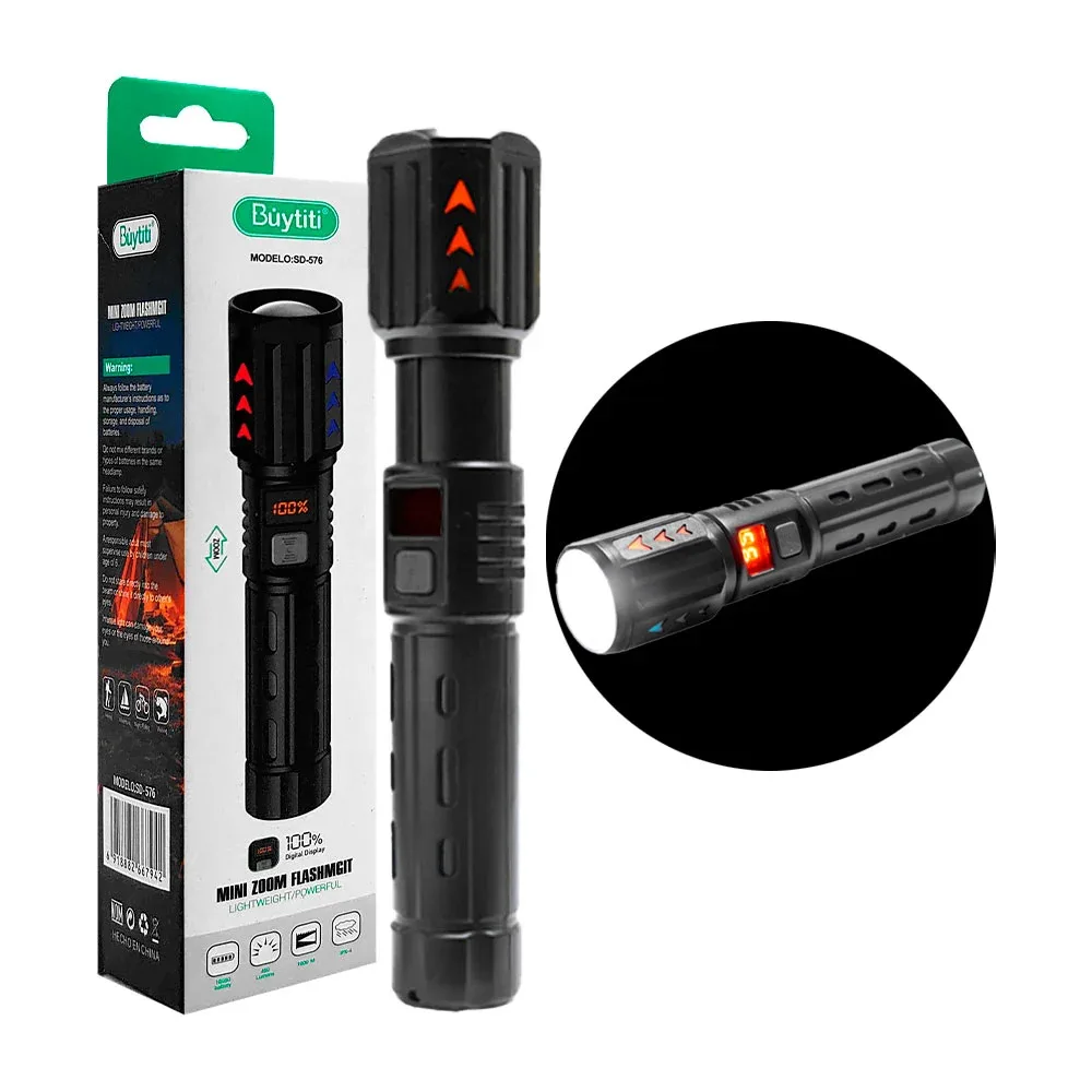 Linterna manual buytiti recargable con indicador de carga, apertura variable y 4 modos de iluminación / sd-576 / mini zoom flashmgit