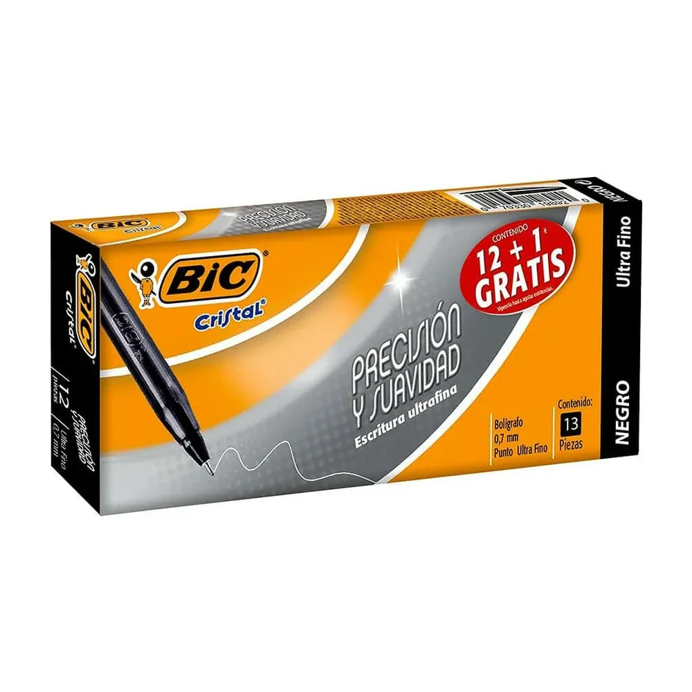 Caja de 12 plumas bolígrafos bic cristal con punta ultra fina 0.7mm tinta color negra